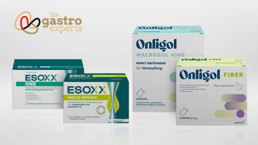 Verpackungen der Alfasigma-Produkte Esoxx und Onligol zur Behandlung von Reflux und Verdauungsbeschwerden mit dem Logo ‚the gastro experts‘