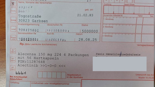 Rezept mit Alecensa-Verordnung