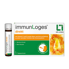 Die Anzeige zeigt den Packshot von immunLoges® direkt und die Abbildung eines Trinkfläschchens. Sichtbar sind Produktname, Verpackungsdesign und die Marke Dr. Loges.