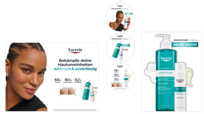 Werbemotiv für Eucerin DERMOPURE Clinical. Zeigt eine Frau mit reiner Haut, Produktabbildungen eines Reinigungsgels und Pflegefluids sowie Wirksamkeitsangaben in Prozent. Text: „Bekämpfe Hautunreinheiten wirksam & zuverlässig“.