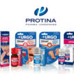 Verschiedene Verpackungen und Fläschchen von Urgo-Produkten (darunter „Filmogel“ und „Gel Aphten Junior“) nebeneinander aufgereiht. Darüber befindet sich das große blaue Logo von Protina Pharma • Ernährung auf weißem Hintergrund.