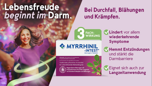 Werbebanner für Myrrhinil-Intest®. Links tanzt eine lächelnde Frau in violettem Oberteil vor buntem, verschwommenem Lichterhintergrund. Daneben steht der Slogan ‚Lebensfreude beginnt im Darm.‘ Rechts befindet sich die Produktverpackung von Myrrhinil-Intest® mit dem Hinweis ‚3-Fach-Wirkung‘. Daneben sind drei grüne Häkchen mit Text aufgelistet: ‚Lindert vor allem wiederkehrende Symptome‘, ‚Hemmt Entzündungen und stärkt die Darmbarriere‘ und ‚Eignet sich auch zur Langzeitanwendung‘. Überschrift: ‚Bei Durchfall, Blähungen und Krämpfen.