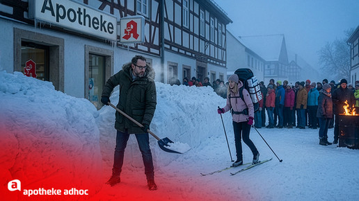 KI-Montage: Ein Apotheker schippt Schnee vor seiner Apotheke, während Kundschaft an der Feuertonne wartet und eine PKA auf Skiern vorbeifährt 