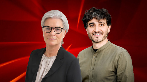 Aif dem Foto sieht man die gesundheitspolitischen Sprecherin der Union, Simone Borchardt, und den stellvertretende Parteivorsitzende der Linken, Ates Gürpinar, auf rotem Hintergrund.