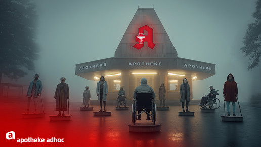 Fotomontage: Zentral eine Apotheke mit leuchtendem Apotheken-A in nebliger Kulisse, davor auf Podesten Menschen mit Krücken und in Rollstühlen.