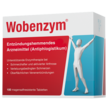 Wobenzym® jetzt neu unter dem Dach von Dermapharm Weiß-rot-blaue Packung mit rotem Wobenzym-Logo. Text links: Entzündungshemmendes Arzneimittel (Antiphlogistikum) bei Arthrose, Verletzungsschmerzen, Venenentzündungen. Rechts stilisierte weiße Figur vor türkisblauem Hintergrund, Arme erhoben.