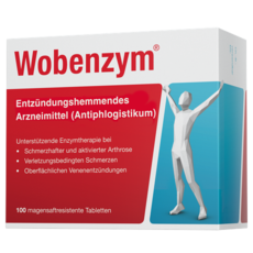 Weiß-rot-blaue Packung mit rotem Wobenzym-Logo. Text links: Entzündungshemmendes Arzneimittel (Antiphlogistikum) bei Arthrose, Verletzungsschmerzen, Venenentzündungen. Rechts stilisierte weiße Figur vor türkisblauem Hintergrund, Arme erhoben.