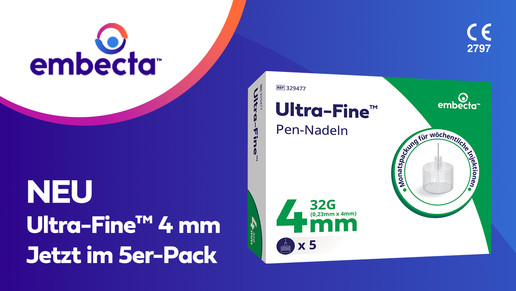 Produktabbildung der embecta Ultra-Fine Pen-Nadeln 4 mm im 5er-Pack. Die Produktverpackung ist vor blauem Hintergrund dargestellt. 