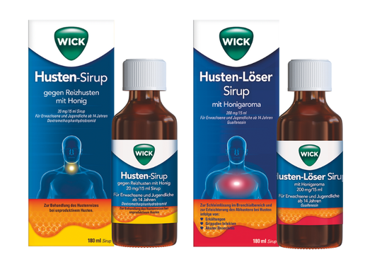 Zwei Packshots von WICK Husten-Sirup – links die Flasche WICK Husten-Sirup gegen Reizhusten mit Honig (180 ml), rechts die Flasche WICK Husten-Löser Sirup mit Honigaroma (180 ml).
