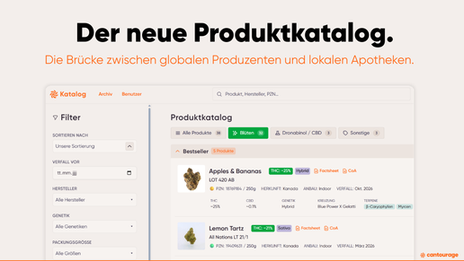 Vorschau des neuen Cantourage Produktkatalogs mit Filterfunktion und digitaler Produktübersicht für Apotheken.
