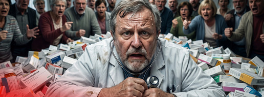 KI-Montage zeigt völlig überforderten Arzt mit Arzneimitteln und Patienten 