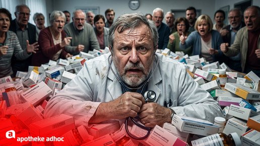 KI-Montage zeigt völlig überforderten Arzt mit Arzneimitteln und Patienten 