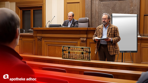 Foto: Ein Sachverständiger vor Gericht vor einer Flipchart.