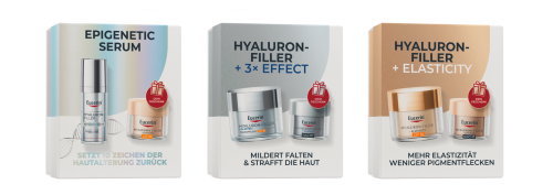 Drei Eucerin Produktkarten/Anzeigen für die Serien EPIGENETIC SERUM, HYALURON-FILLER + 3X EFFECT und HYALURON-FILLER + ELASTICITY.