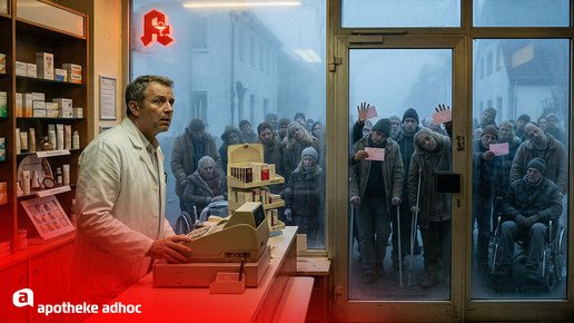 Montage: Ein Apotheker wird von einer Horde Kassenpatient:innen belagert