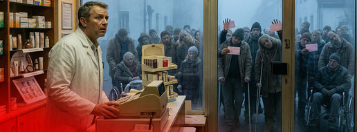 Montage: Ein Apotheker wird von einer Horde Kassenpatient:innen belagert