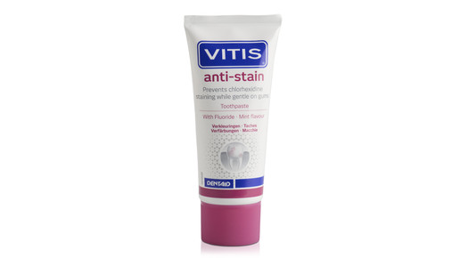 Neu ab 1.9.: VITIS® anti-stain, schützt vor CHX-Verfärbungen. 50 ml für 8,00 € UVP, PZN 19152480, im pharmazeutischen Großhandel und unter www.dentaidshop.de erhältlich.
