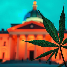 Dekoratives Bild: Cannabis Blatt vor dem Bundestag