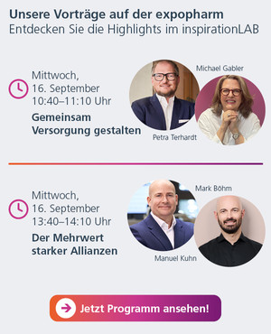 NOVENTI Banner mit zwei Vorträgen im inspirationLAB am 16. September: „Gemeinsam Versorgung gestalten“ (10:40-11:10 Uhr) und „Der Mehrwert starker Allianzen“ (13:40-14:10 Uhr). CTA: Jetzt Programm ansehen.