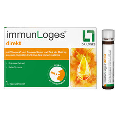Produktabbildung von immunLoges direkt von Dr. Loges: Verpackung mit 7 Tagesportionen Trinkampullen, mit Vitamin C, D, Selen und Zink zur Unterstützung der normalen Funktion des Immunsystems.