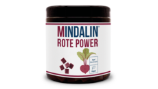 Produkt-Packshot: Mindalin® Rote Power (Dose) Detail: Vorderseite der Verpackung mit Markenname; freigestellt auf hellem Hintergrund