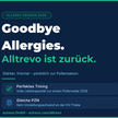 Werbegrafik für Alltrevo Augentropfen. Detailbeschreibung: Dunkelblaue Anzeige mit Text „Goodbye Allergies. Alltrevo ist zurück.“ und Produktverpackung rechts. Hinweise zu Pollen­saison 2026 sowie Vorteilen wie Lieferkapazität und gleicher PZN.