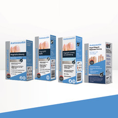 Alle 4 Acetocaustin Nagelpilz und -Pflegeprodukte als Packshot nebeneinander
