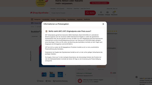 Screenshot von Preisangaben bei Shop Apotheke