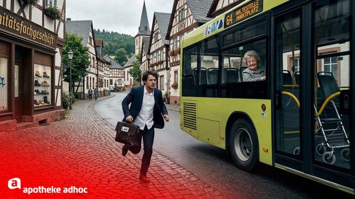 Montage: Ein LAK-Mitarbeitender rennt einem Bus hinterher.
