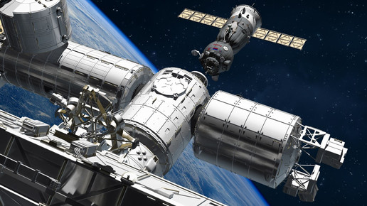 Die ISS im Weltraum, die Erde im Hintergrund