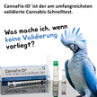Ein Bild, das einen fragenden blauen Kakadu und einen CannaFix-ID-Schnelltest zeigt, mit dem Text „CannaFix-ID ist der am umfangreichsten validierte Cannabis-Schnelltest.“ Und „Was mache ich, wenn keine Validierung vorliegt?“.