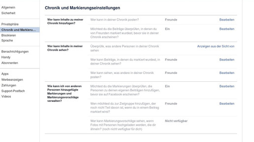 facebook markierungen einstellungen screenshot