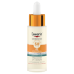 Ein 30ml Glasflakon mit weißer Pipette und goldener Kappe. Etikett: „Eucerin SUN PROTECTION 50+ OIL CONTROL Täglich UV-Serum“. Text betont die ultraleichte Textur und medizinische Hautpflege für ölige Haut.