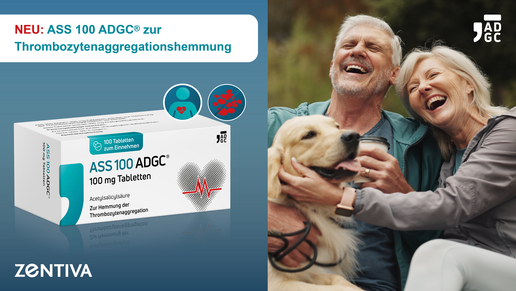 ASS 100 ADGC® 100 mg Tabletten mit Acetylsalicylsäure zur Thrombozytenaggregationshemmung (Zusammenlagerung von Blutplättchen). Anwendung gem. ärztlicher Empfehlung im Rahmen bestimmter Herz  und Gefäßerkrankungen. Nicht zur Schmerzlinderung geeignet.
