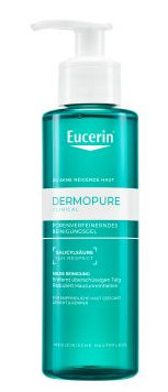 Eucerin DERMOPURE Clinical Reinigungsgel in türkisfarbener Pumpflasche. Porenverfeinerndes Gel für zu Akne neigende Haut, enthält Salicylsäure und Licochalcone A zur täglichen Reinigung und Hautberuhigung.