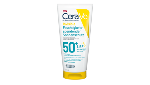 Der CeraVe Invisible Feuchtigkeitsspender Sonnenschutz Fluid LSF 50+ ist eines der fünf Sonnenschutzprodukte, die CeraVe im Launch-Portfolio präsentiert.  