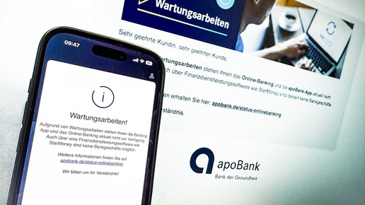 App und Website der Apobank mit Hinweis auf Wartungsarbeiten