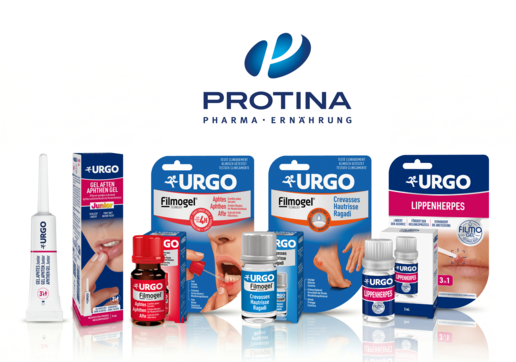 Verschiedene Verpackungen und Fläschchen von Urgo-Produkten (darunter „Filmogel“ und „Gel Aphten Junior“) nebeneinander aufgereiht. Darüber befindet sich das große blaue Logo von Protina Pharma • Ernährung auf weißem Hintergrund.