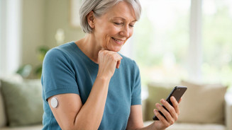 eine ältere Frau mit CGM-Sensor am Arm checkt ihre Werte am Handy