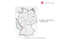 Karte mit dem Verlauf des Rheins und Apotheken mit Rhein im Namen.