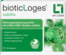 Produkt-Abbildung bioticLoges® subtilis Nahrungsergänzungsmittel mit 2 Mrd. koloniebildenden Einheiten Bacillus subtilis + Akazienfasern + Calcium als Beitrag zu einer normalen Funktion von Verdauungsenzymen