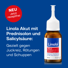 Gezielt gegen Juckreiz, Rötung und Schuppen. Braune Glasflasche kommt von rechts nach links ins Bild mit rotem „NEU: Jetzt rezeptfrei“-Störer. Linola Akut mit Prednisolon und Salicylsäure.