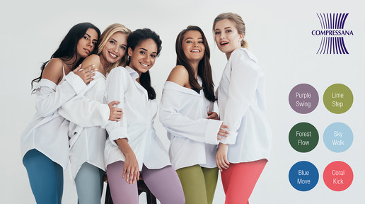Abgebildet sind 5 junge Frauen, die die Kompressionsstrümpfe in den neuen Trendfarben tragen.  Alle Frauen tragen weiße Blusen. Auf der rechten Seite sind nochmal alle 6 neuen Trendfarben in einem farblichen Kreis abgebildet. Die Trendfarben heißen: Purple Swing, Lime Step, Forest Flow, Sky Walk, Blue Move und Coral Kick