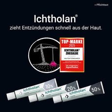Anzeige: „zieht Entzündungen schnell aus der Haut“, mit Illustration eines Krans der an einem Pickel zieht, Top-Marke-2025-Siegel und drei Tuben (10 %, 20 %, 50 %).