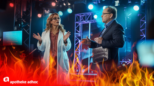 Eine Apothekerin und ein Manager streiten in einer TV-Show namens "Roast Battle" auf der Bühne