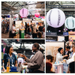 Fotocollage der APOTHEKENTOUR mit einer belebten Eventlocation in Berlin und intensivem Austausch an den Messeständen 