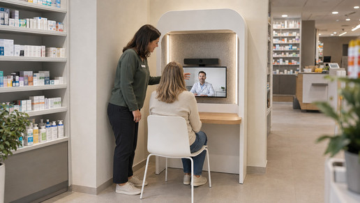 In einer ruhig abgeschirmten Apothekenecke sitzt eine Patientin am wandnahen MEDIVISE Telemedizin-Arbeitsplatz. Eine Apothekerin begleitet sie; auf dem Bildschirm ist ein Arzt zugeschaltet.
