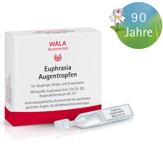 Packung WALA Euphrasia Augentropfen für Säuglinge, Kinder und Erwachsene. Sichtbar sind Verpackung, Einzeldosisbehälter und Logo „90 Jahre“ mit Augentrost-Blüte. Anthroposophisches Arzneimittel bei geröteten, gereizten Augen bei Bindehautentzündung.