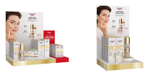 Breites Eucerin Thekendisplay mit Produkten und „Gratis“-Aktion in Rot und Kompaktes Eucerin Display mit Fokus auf das Hyaluron-Filler Ultraleicht Serum.