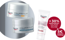 Eucerin Hyaluron-Filler Pflegeset mit Tages-, Nacht- und Augenpflege sowie Rabatt-Hinweis.